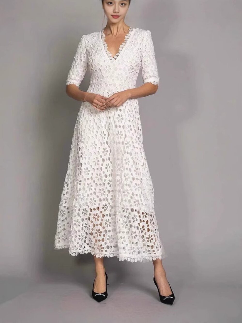 Women's White Lace Maxi Dress Long Sleeve Hollow Out Elegant Formal